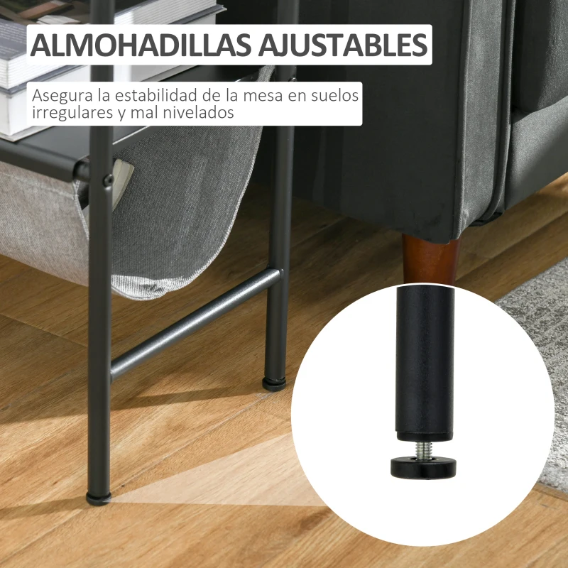 HOMCOM Mesa Auxiliar Moderna con Bolsillo de Lona y Estante Extraíble Mesa de Centro para Salón con Encimera Imitación Mármol 60x28x53 cm Blanco Gris y Negro