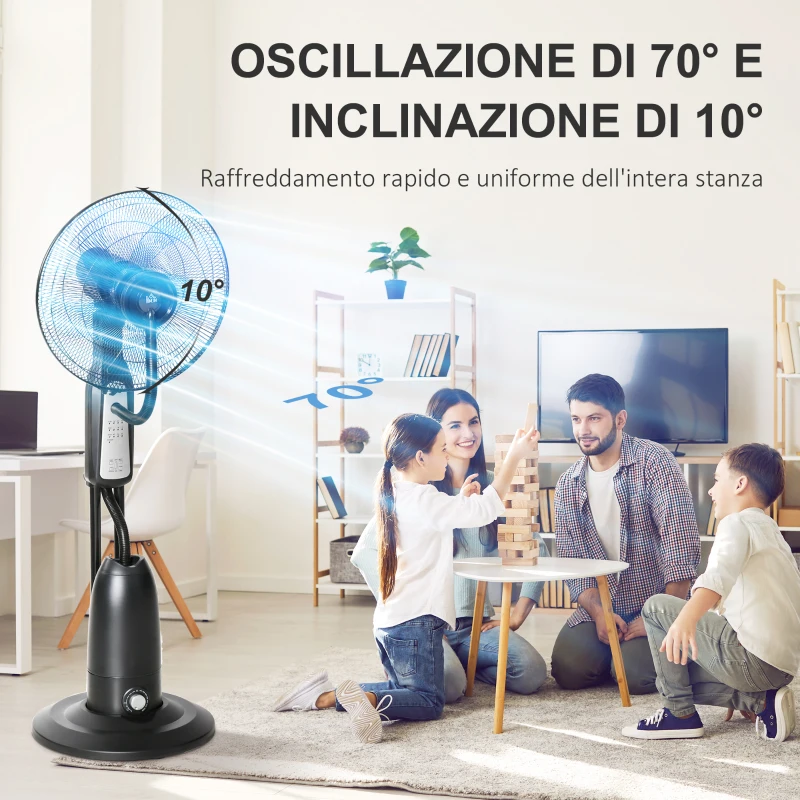 HOMCOM Ventilatore Nebulizzatore e Deumidificatore Oscillante 70° con 3 Modalità, Telecomando e Timer 7.5h, Tanica 2.8L, 90W, Ф44.5cm x 120cm