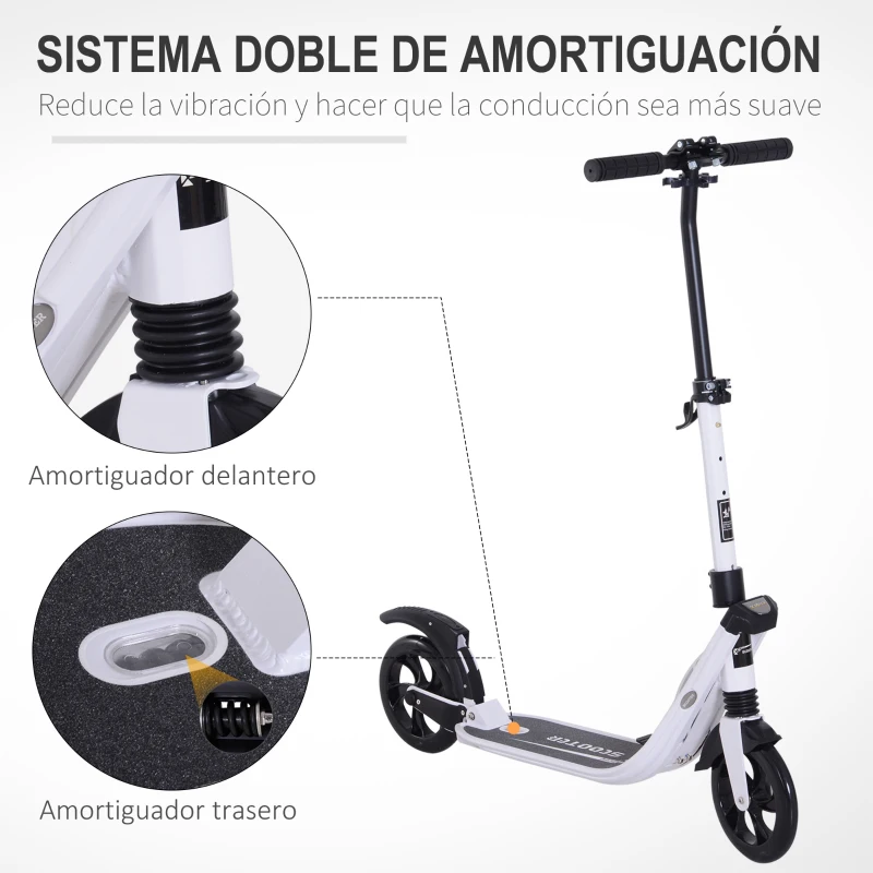HOMCOM Patinete Plegable para Adultos y Niños +14 años Scooter Ligero con Manillar Altura Ajustable Tipo Monopatín con Freno Grandes Ruedas Ø200 mm Amortiguador Aluminio Carga 100 kg Blanco