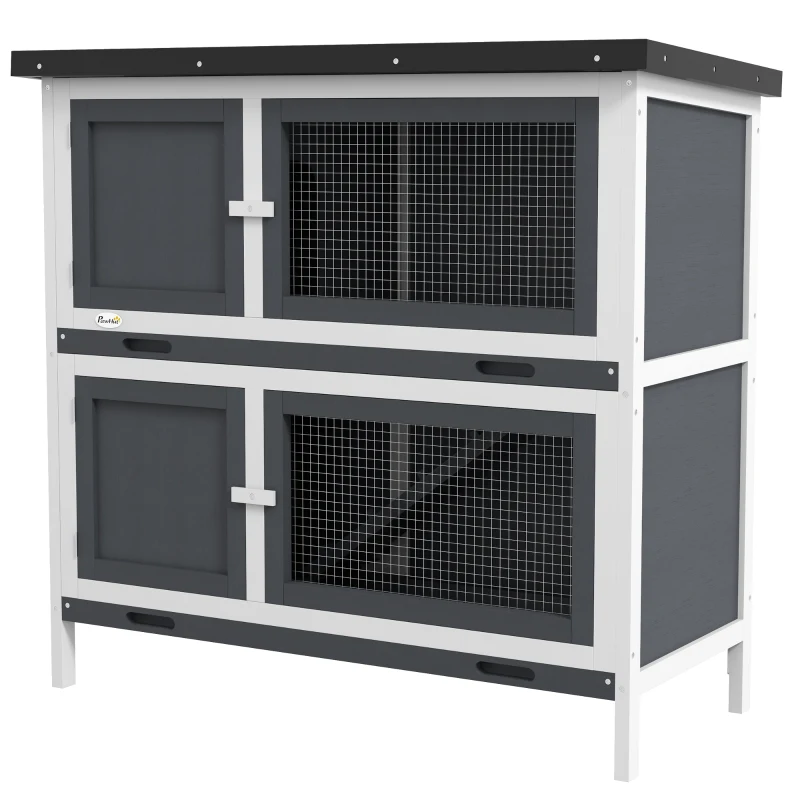 PawHut Conigliera a 2 Livelli in Lego di Abete e Bitume con Rampa, 2 Vassoi Estraibili 4 Porte, 97x44x91 cm, Grigio
