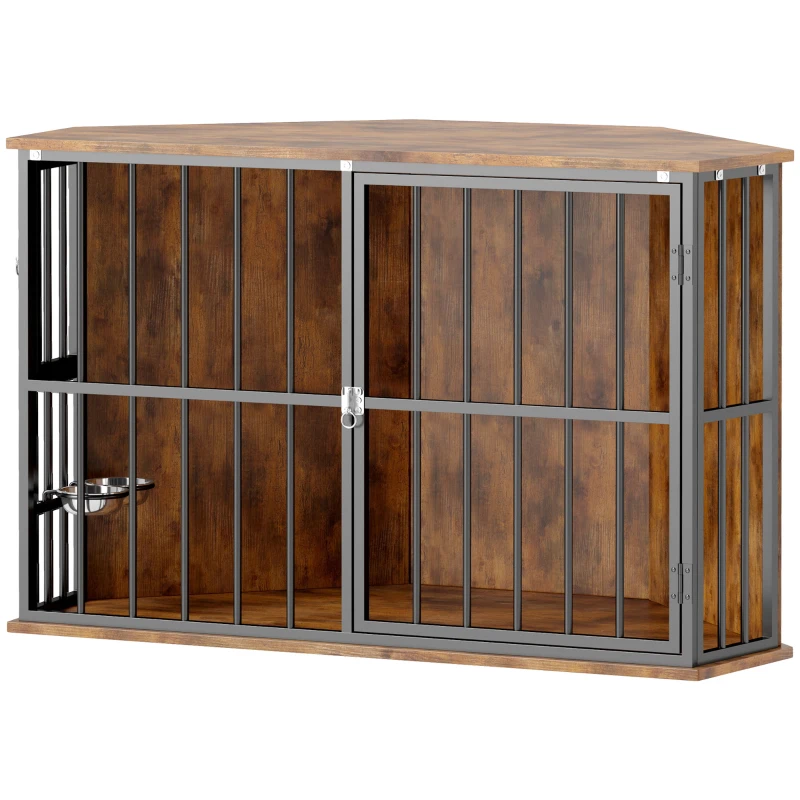 PawHut Corner Dog Crate Furniture with Two Bowls, Lockable Doors, for Small, Medium Dogs, Rustic Brown