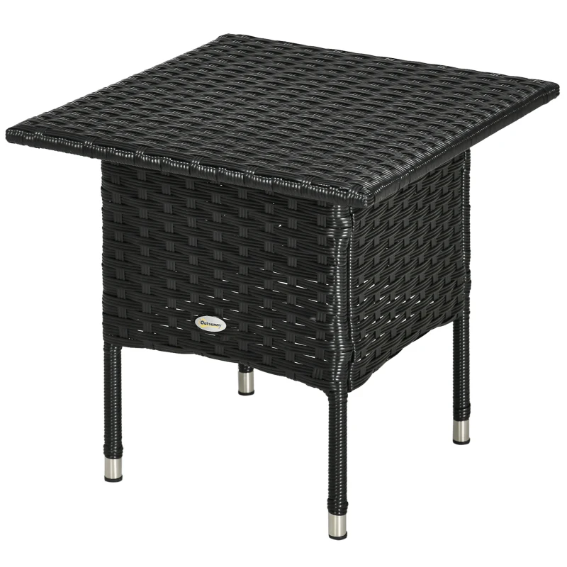 Outsunny Rattan Side Table, Outdoor Coffee Table with Plastic Board Under the Full Woven Table Top for Patio, Garden, Balcony, Black