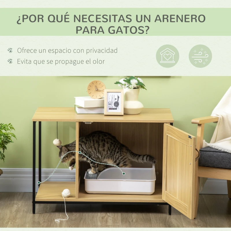 PawHut Mueble Arenero para Gatos con Puerta Bola de Juguete Colgante Caja de Arena para Gatos para Interior 80x48x55 cm Roble