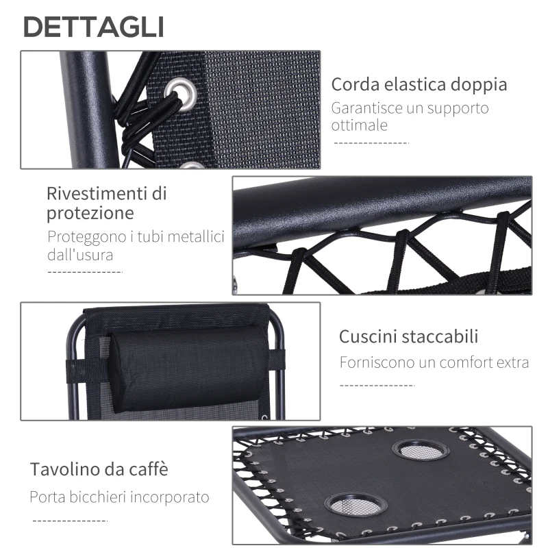 Outsunny Set Arredo Lettini da Giardino 2 Sedie a Sdraio da Spiaggia e Tavolino Regolabili Pieghevoli Tessuto do Texteline Nero