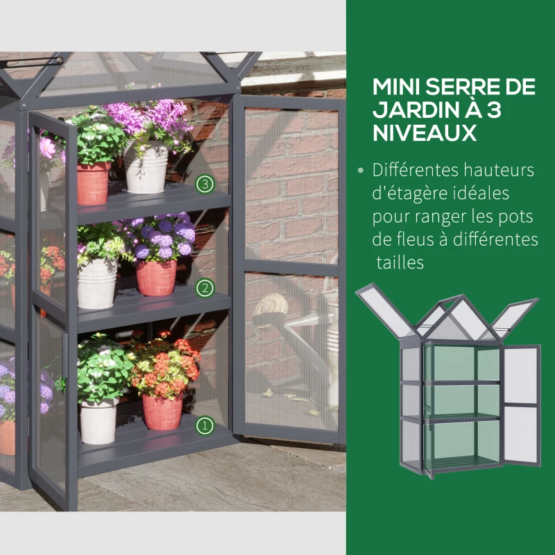 Outsunny Mini Serre de Jardin en Polycarbonate Cadre en Bois 3 Niveaux dim. 70L x 42l x 132H cm Double Porte aération réglables - Gris(m-6)