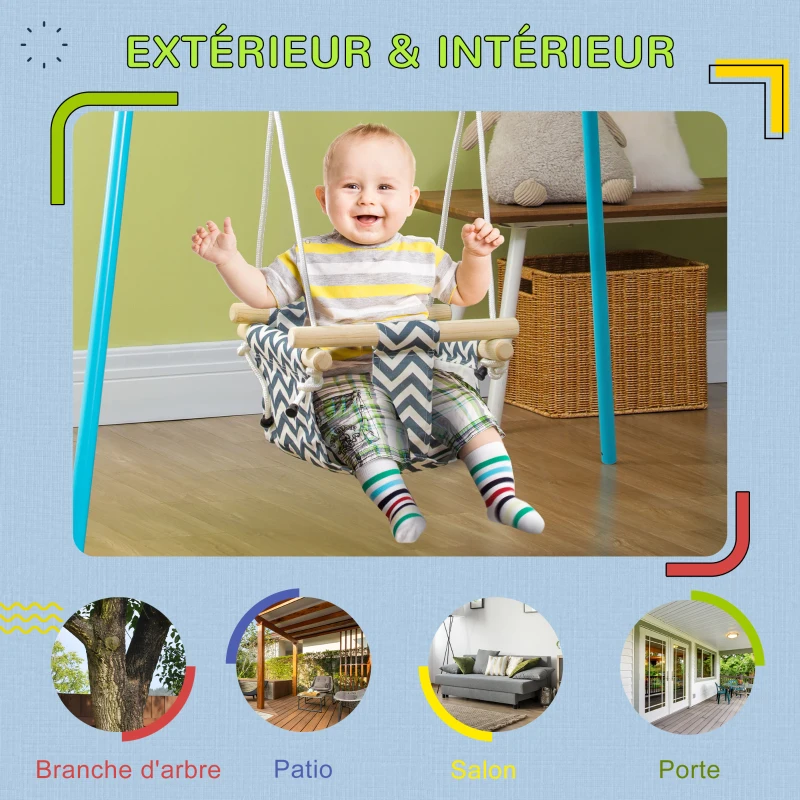 AIYAPLAY Balançoire pour bébé siège bébé balançoire avec barre de sécurité et corde réglable de 110 à 180 cm en tissu bleu