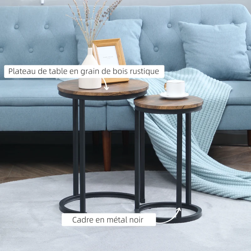 HOMCOM Lot de 2 tables d'appoint tables gigognes tables basses modulables style industriel - plateau aspect bois et pieds en métal noir