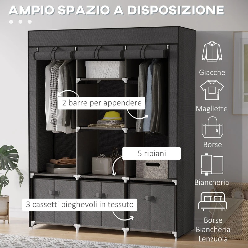 HOMCOM Armadio in Tessuto Pieghevole con Cassetti e Ante Avvolgibili con Zip, 125x43x162.5cm, Grigio Scuro