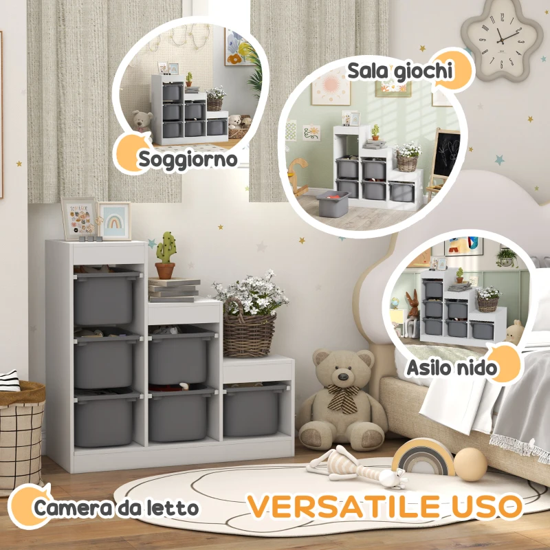 AIYAPLAY Scaffale Portagiochi a 3 Livelli con 6 Contenitori per Bambini da 3-8 Anni, 96x38.5x90cm, Grigio
