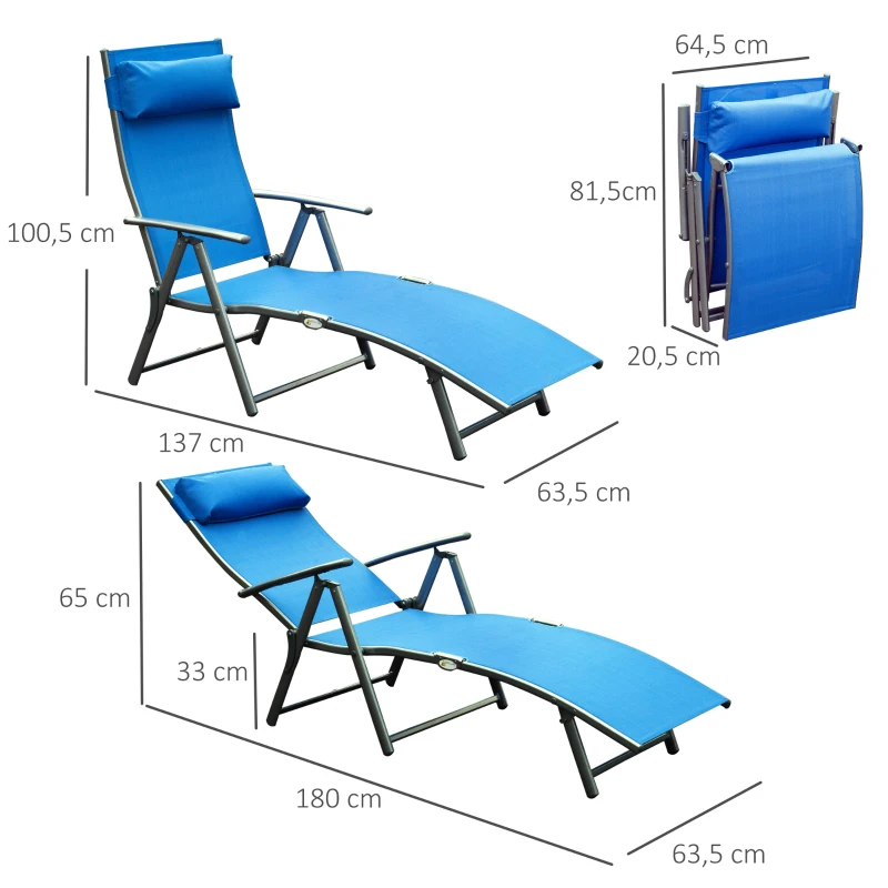 Outsunny transat Chaise Longue Bain de Soleil Pliable Dossier inclinable Multi-Positions têtière fournie 137L x 64l x 101H cm métal époxy textilène Bleu