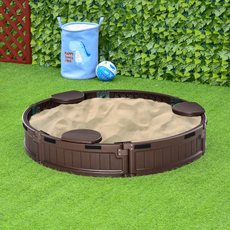 Outsunny Sand Pit Kids Outdoor Plastic Round Sandbox w/ Water-Resistant Oxford Cover Bottom Fabric Liner for 3-12 years Brown