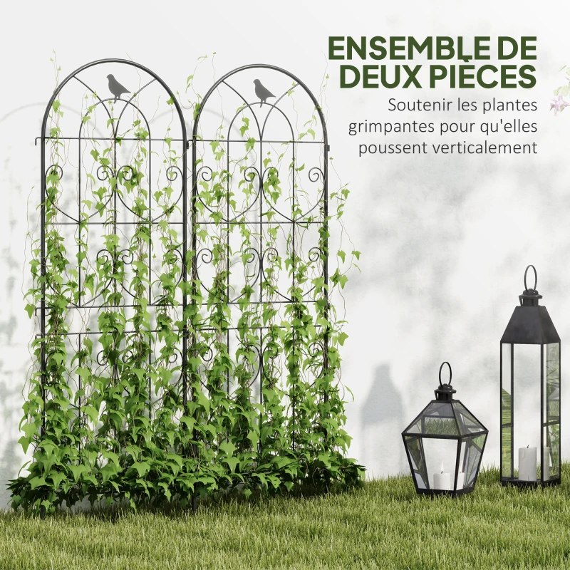 Outsunny Support pour plantes grimpantes avec oiseaux lot de 2 treillis de jardin pour légume vigne fleur métal 50 x 150 cm noir