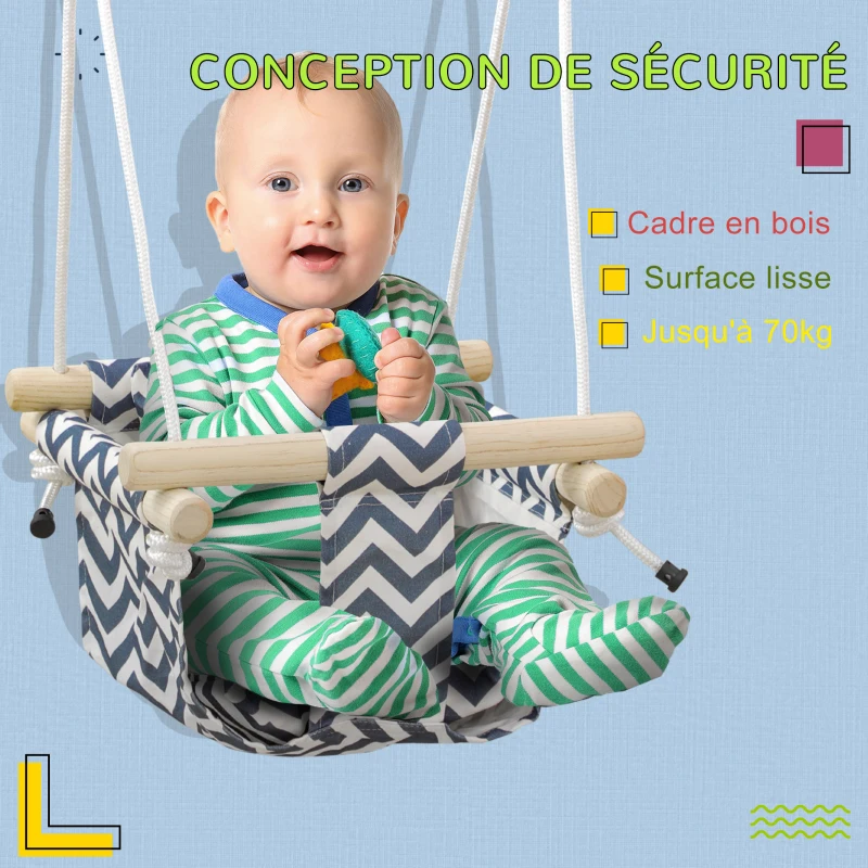 AIYAPLAY Balançoire pour bébé siège bébé balançoire avec barre de sécurité et corde réglable de 110 à 180 cm en tissu bleu