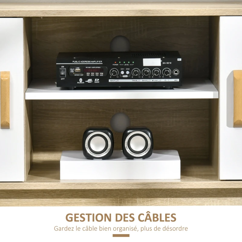 HOMCOM Meuble TV Banc TV scandinave 2 niches et 2 rangements avec Portes - dim. 120I x 40P x 55H cm - Bois Blanc Chêne