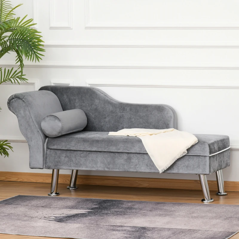 HOMCOM Chaise Longue Imbottita in Stile Vintage, Poltrona Letto con Cuscino Incluso, in Metallo e Velluto Grigio, 160x56x75 (cm)