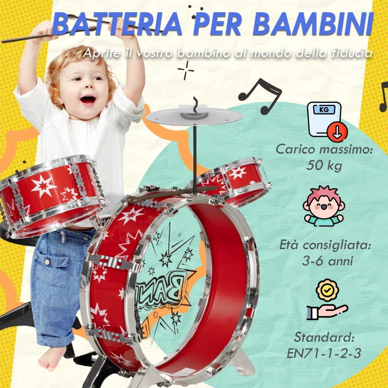 AIYAPLAY Batteria per Bambini 3-6 Anni a 7 Pezzi con Sgabello e Bacchette, in Plastica e Metallo, 72x29x56 cm, Rosso