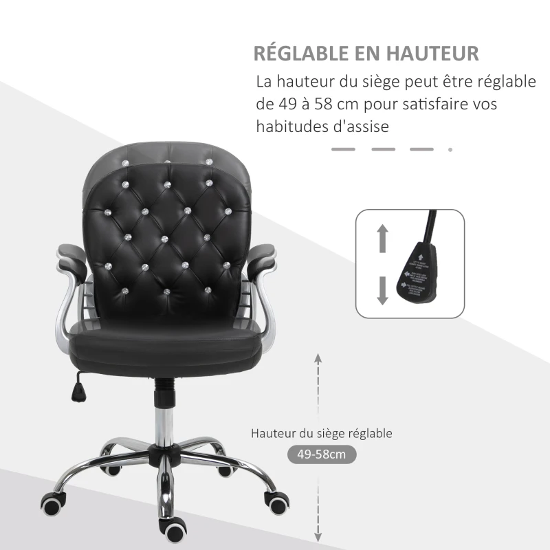 HOMCOM Fauteuil de bureau chaise de bureau ergonomique réglable roulettes pivotantes boutons strass revêtement synthétique PU 59,5L x 60,5l x 95-105H cm noir