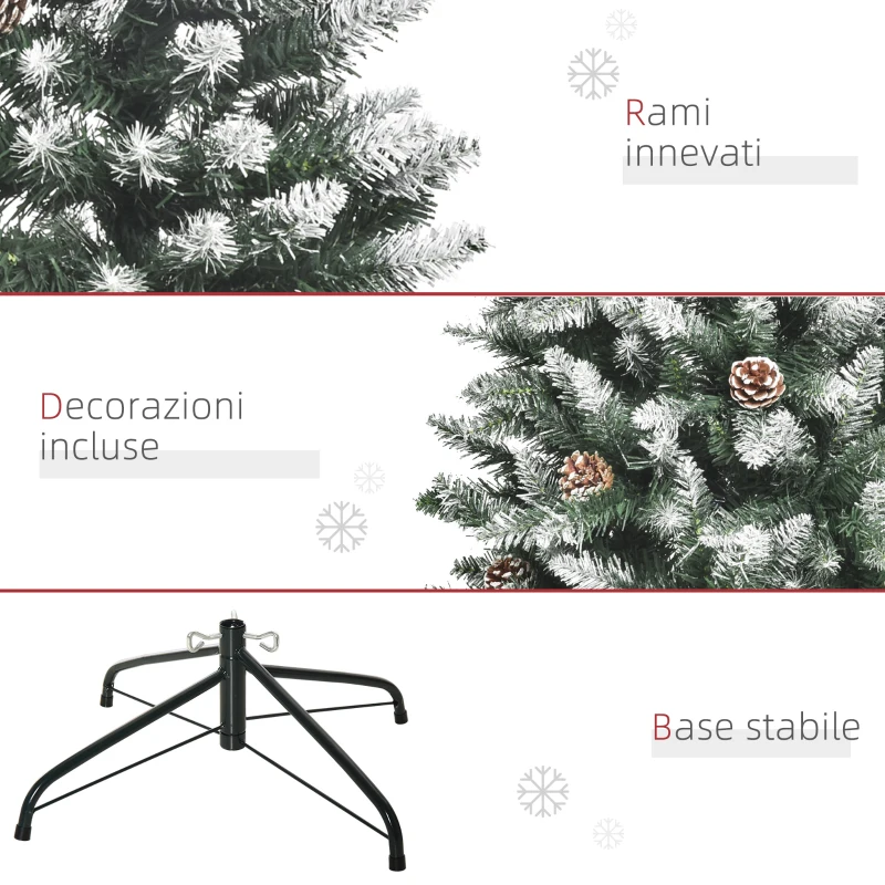 HOMCOM Albero di Natale Innevato da 150 cm con 464 Rami e 28 Pigne in Plastica e Metallo, Verde e Bianco