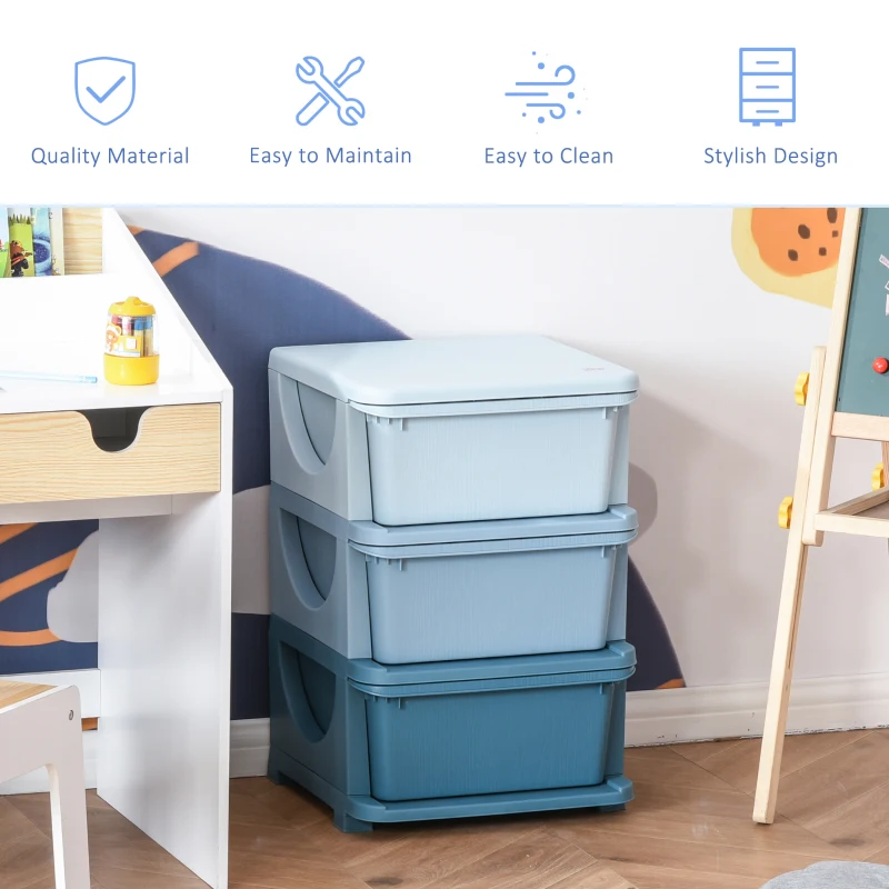 HOMCOM 3 Drawers Plastic Storage Units, 3 Tier Kids Storage Units, Children Toy Chest for Nursery, Playroom, Bedroom, Blue