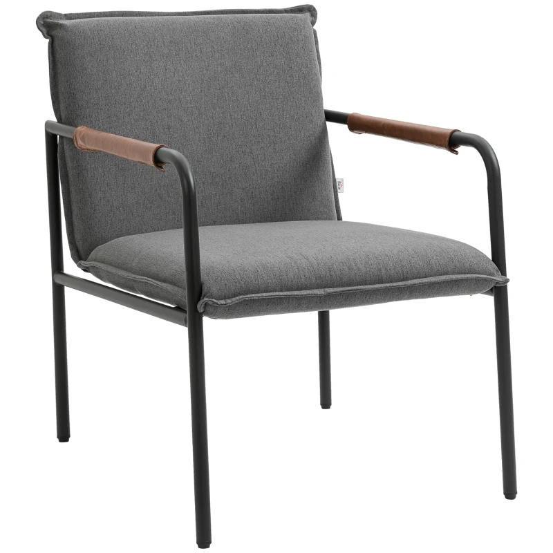 HOMCOM Fauteuil de salon assise revêtement synthétique avec accoudoir structure en acier 65,5Ll x 85P x 85H cm gris