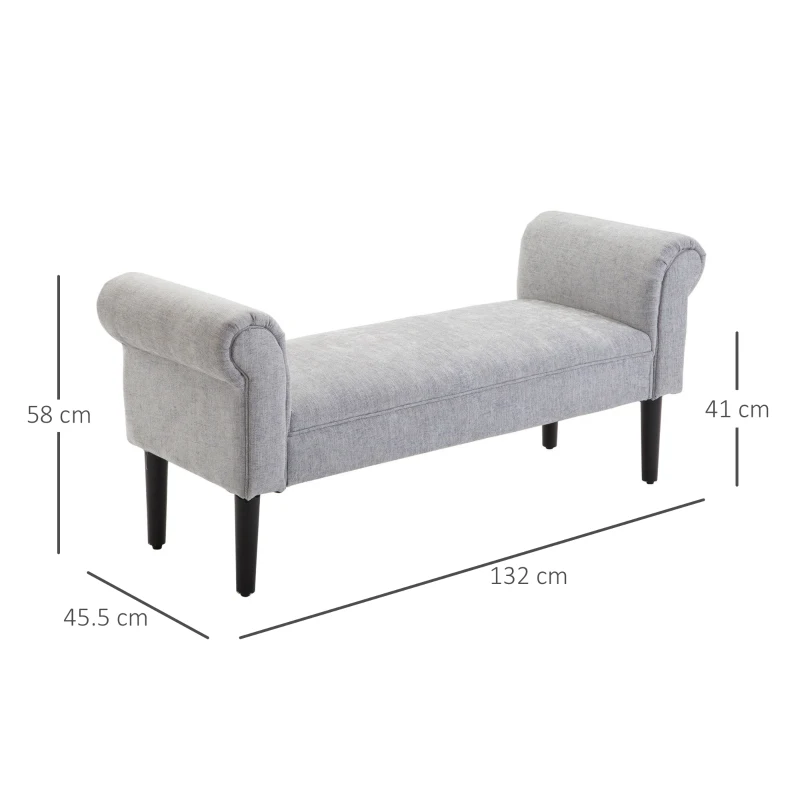 HOMCOM Bed End Bench, Window Seat, Linen Chaise Lounge Sofa with Arm and Wooden Legs for Bedroom, Living Room, Grey
