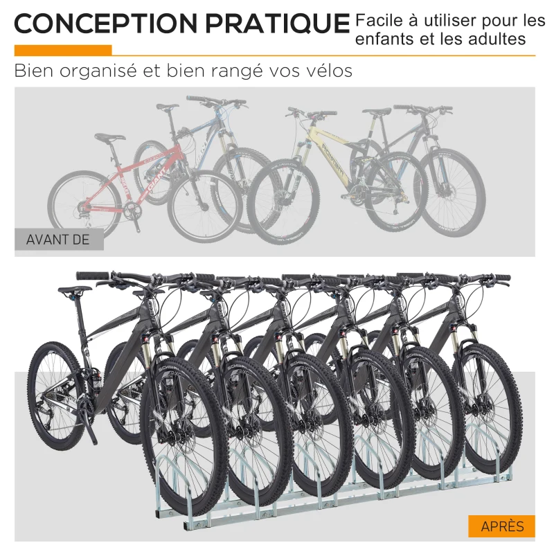 HOMCOM Râtelier 6 vélos range-vélos support de rangement pneu 65 mm sol ou mural pour VTT enfants BMX 179 x 33 x 27 cm acier argent
