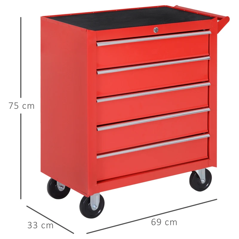 HOMCOM Carrello Porta Attrezzi a 5 Cassetti con Serratura, 4 Ruote e Maniglia, Carrello Officina in Acciaio 69x33x75cm, Rosso