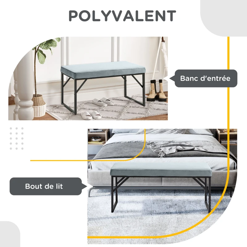 HOMCOM Banc bout de lit banquette banc en tissu velours cadre en acier 100 x 35 x 47 cm bleu clair
