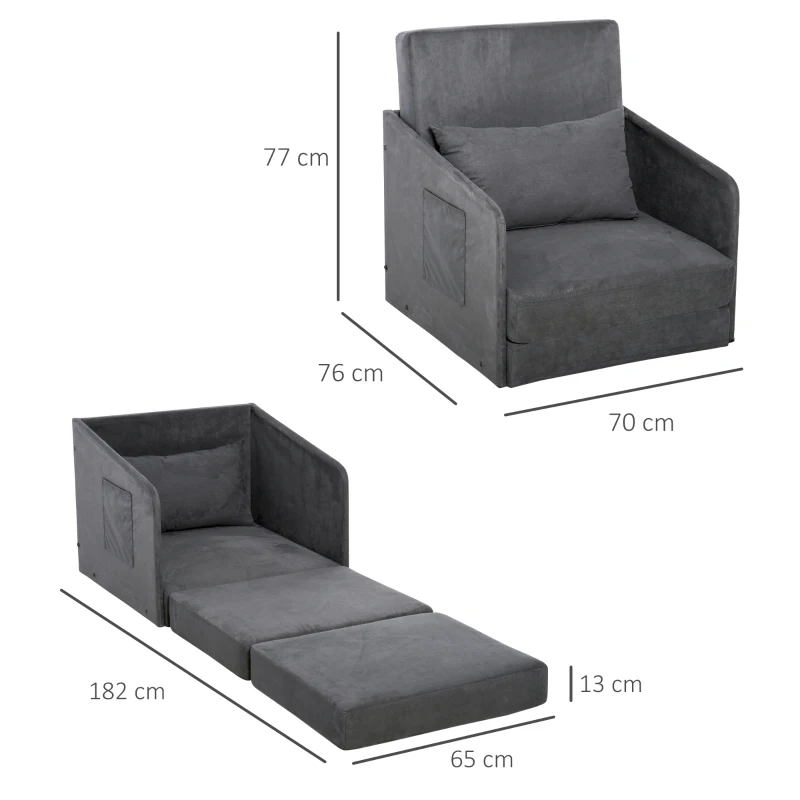 HOMCOM Single Sofa Bed Armchair Soft Floor Sleeper Lounger Futon Couch w/ Pillow and Pocket Grey