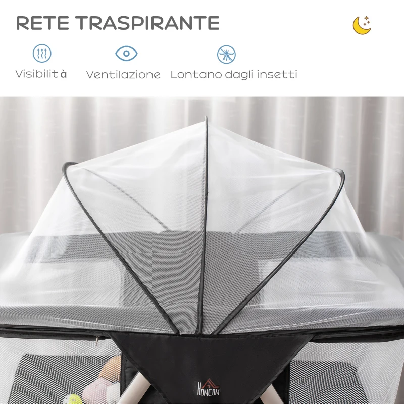 HOMCOM Culla da Campeggio 2 in 1 Pieghevole con Lettino a Dondolo e Zanzariera Età 0-6 Mesi, 59x55x67-69 cm, Nero