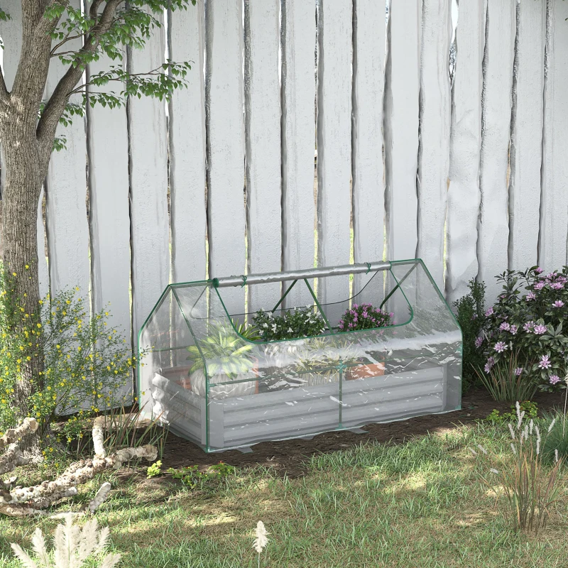 Outsunny Raised Garden Bed with Greenhouse, Steel Planter Box with Plastic Cover, Roll Up Window, Dual Use for Flowers, Vegetables, Fruits and Herbs, 185L x 95W x 92H cm, Clear