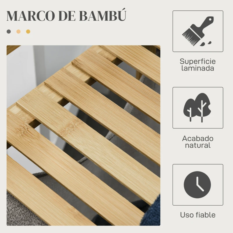 HOMCOM Cesto de la Ropa Sucia de Bambú con 2 Bolsas Extraíbles y Estante Carga 20kg 2x40,6L 64x33x73 cm Natural