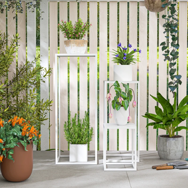 Outsunny Lot de 3 supports pour plantes carré en métal empilable intérieur et extérieur, pour jardin, balcon, maison, blanc