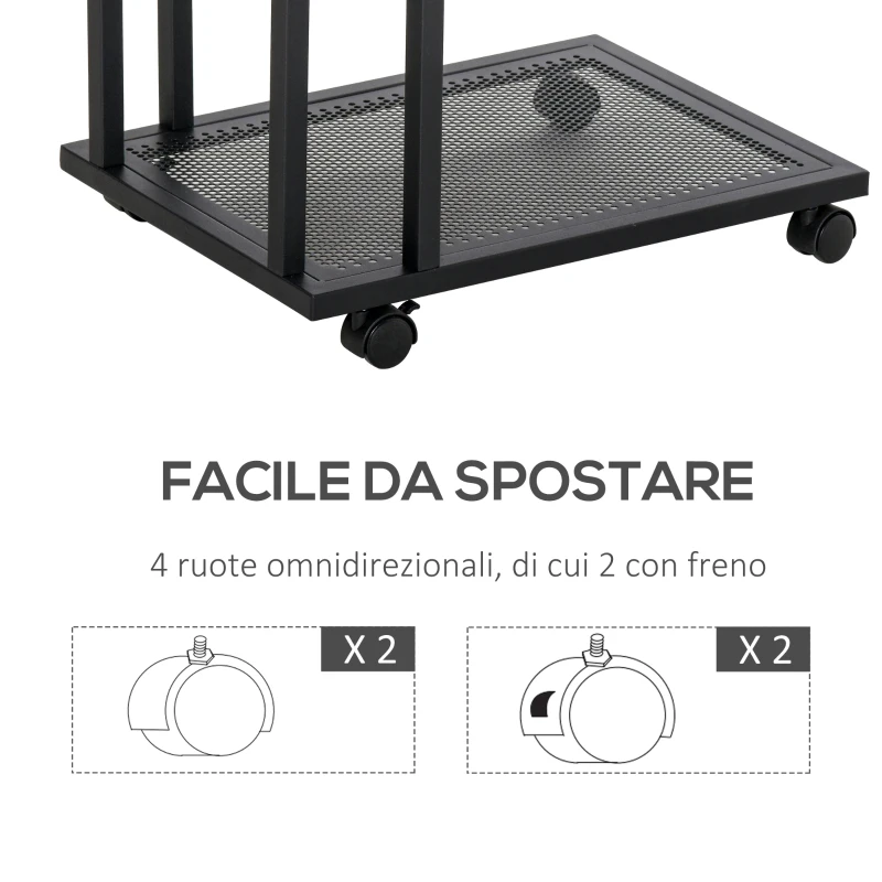 HOMCOM Tavolino da Salotto e da Letto con 4 Ruote, Design a C in Legno e Acciaio, Marrone Rustico e Nero, 51x36x61cm