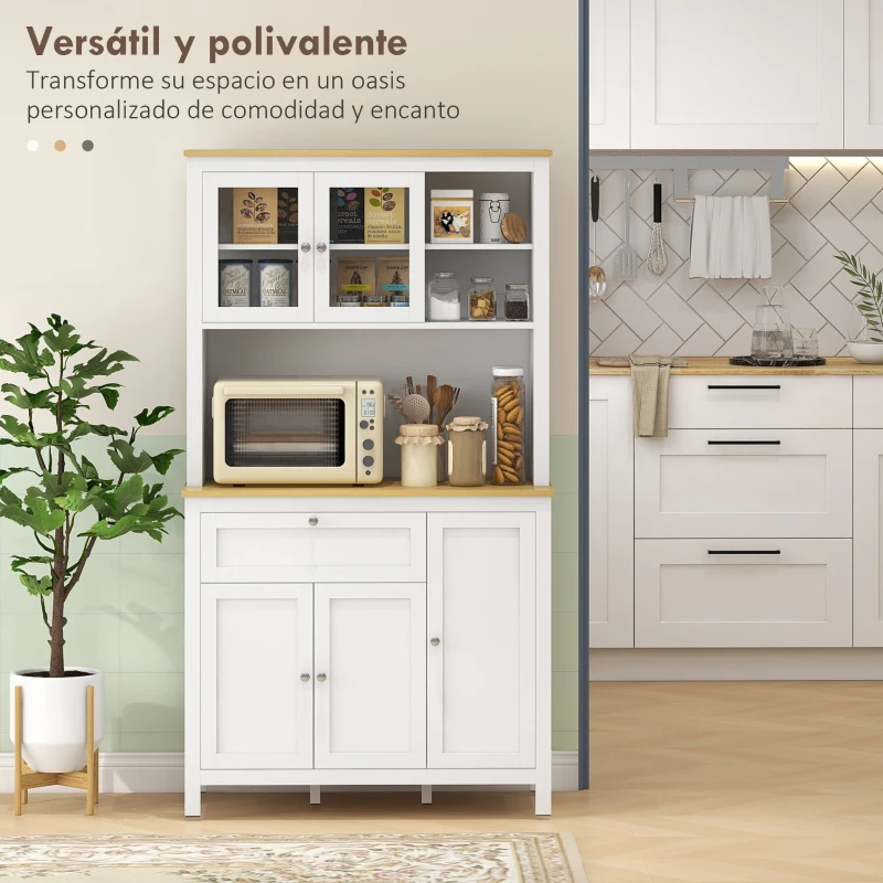 HOMCOM Alacena de Cocina Mueble Auxiliar de Cocina con 5 Puertas Estante Ajustable y Encimera de Microondas 100x40x180cm Blanco