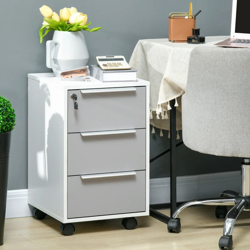 HOMCOM Caisson de bureau à roulettes avec 3 tiroirs et serrure pour dossiers 40 x 40 x 63,5 cm blanc et gris