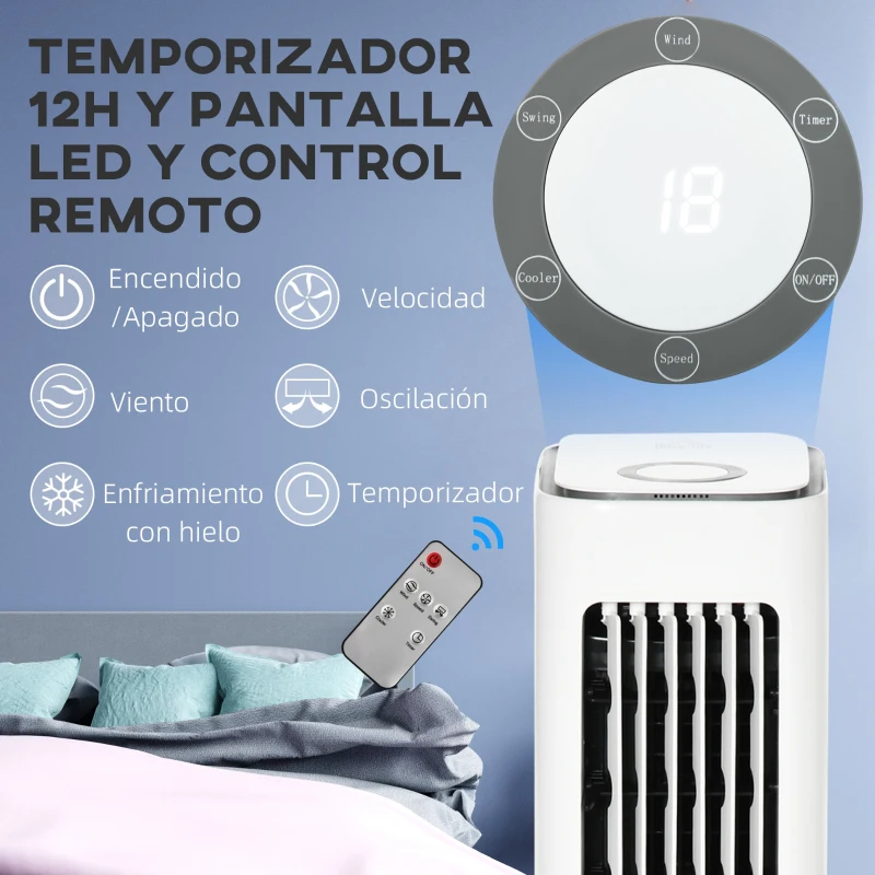 HOMCOM Climatizador Evaporativo Bajo Consumo 75W Altura 86 cm Oscilante con Control Remoto Depósito 5L 3 Modos 3 Velocidades Temporizador 12h y Pantalla LED Táctil 23x29x86 cm Blanco