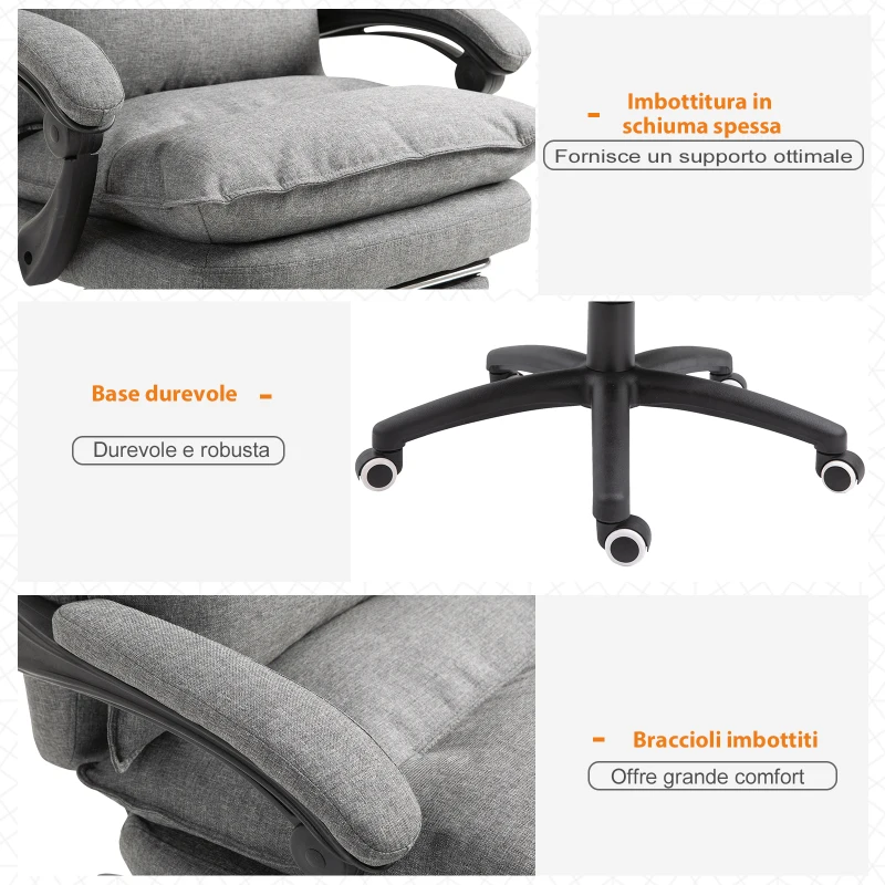 Vinsetto Sedia da Ufficio Imbottita con 6 Punti Massaggianti, Altezza Regolabile e Rotelle, 70x62x120-130 cm, Grigio
