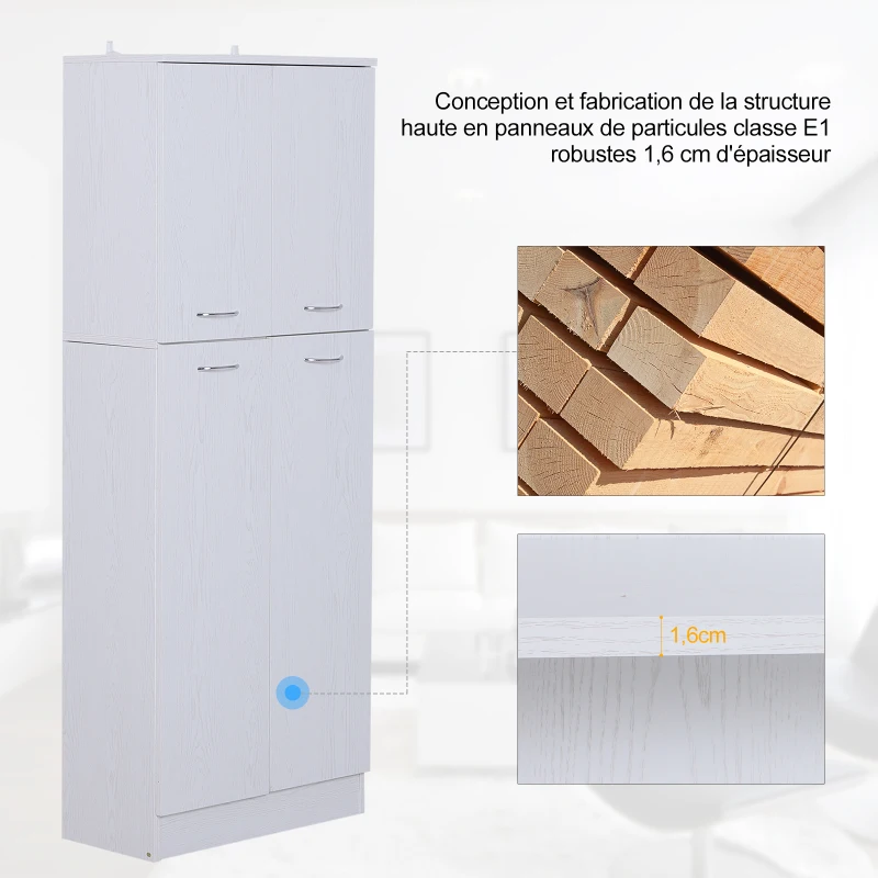 HOMCOM Armoire de rangement 2 placards double porte 3 étagères réglables 60L x 30l x 158H cm panneaux particules blanc