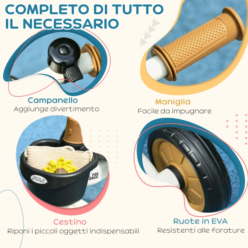 AIYAPLAY Triciclo per Bambini da 2-5 Anni con Seduta Regolabile e Campanello, 70.5x50x58cm, Bianco