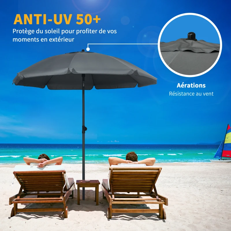 Outsunny Parasol de plage inclinable protection UV 50 + avec 8 baleines en fibre de verre  Ø 180 cm gris foncé