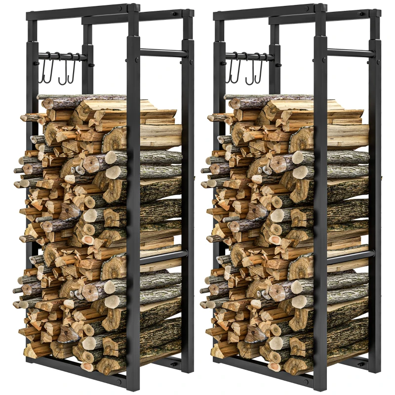 Outsunny Firewood Log Rack Set of 2, Retractable Metal Wood Store Holder, Indoor Outdoor Fireplace Log Storage Shelf with Hooks, 65 x 25 x 150 cm, Black