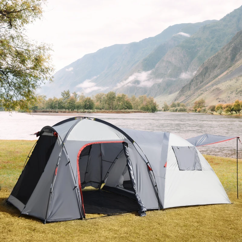 Outsunny 4-5 Man Outdoor Tunnel Tent, Two Room Camping Tent with Portable Mat, Sewn-In Floor, Carry Bag, 4 Doors and Breathable Mesh Windows, 2000mm Water Column for Fishing, Festival, Hiking