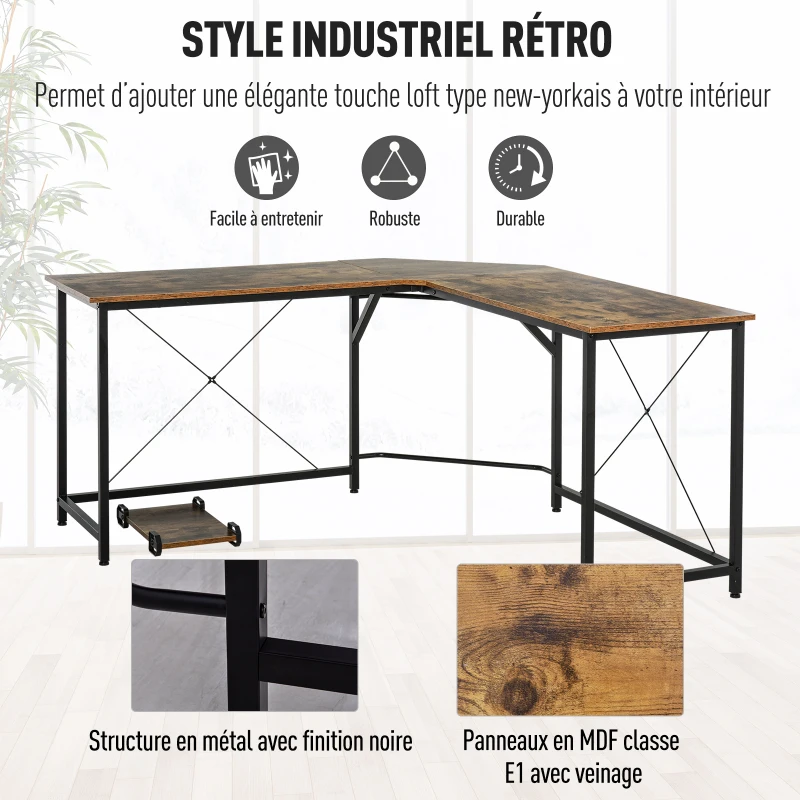 HOMCOM Bureau Informatique Design Industriel Bureau d'angle Support CPU Aspect Vieux Bois métal Noir