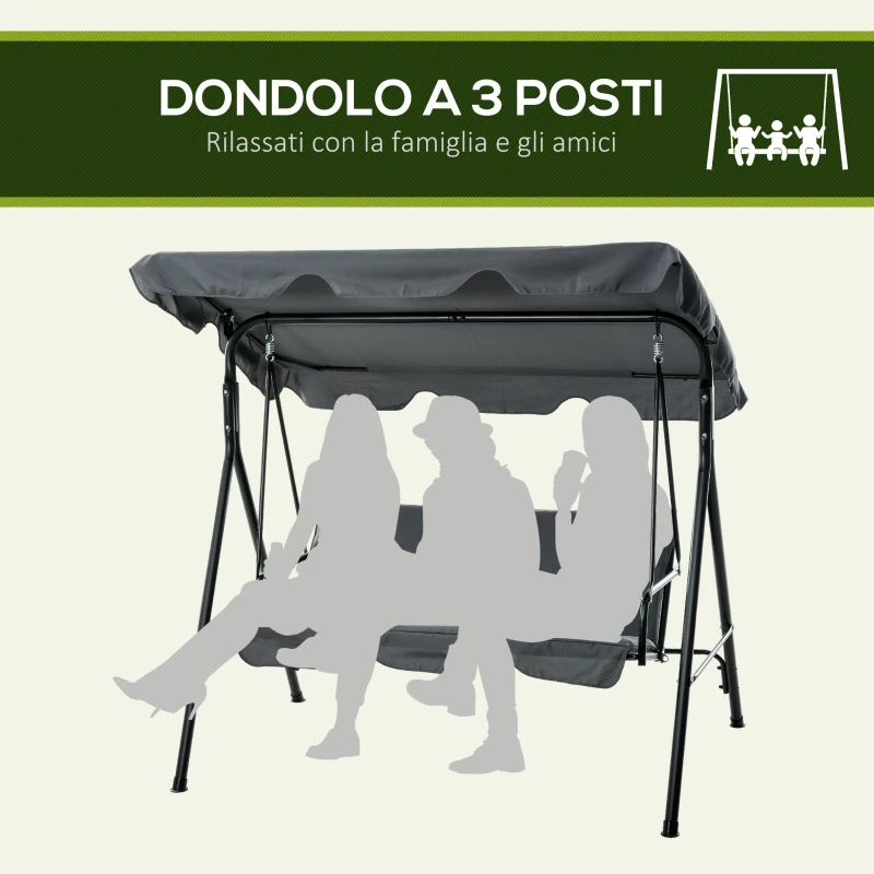 Outsunny Dondolo 3 Posti con Tettuccio Regolabile e Cuscini, in Acciaio e Poliestere, 172x110x153 cm, Grigio