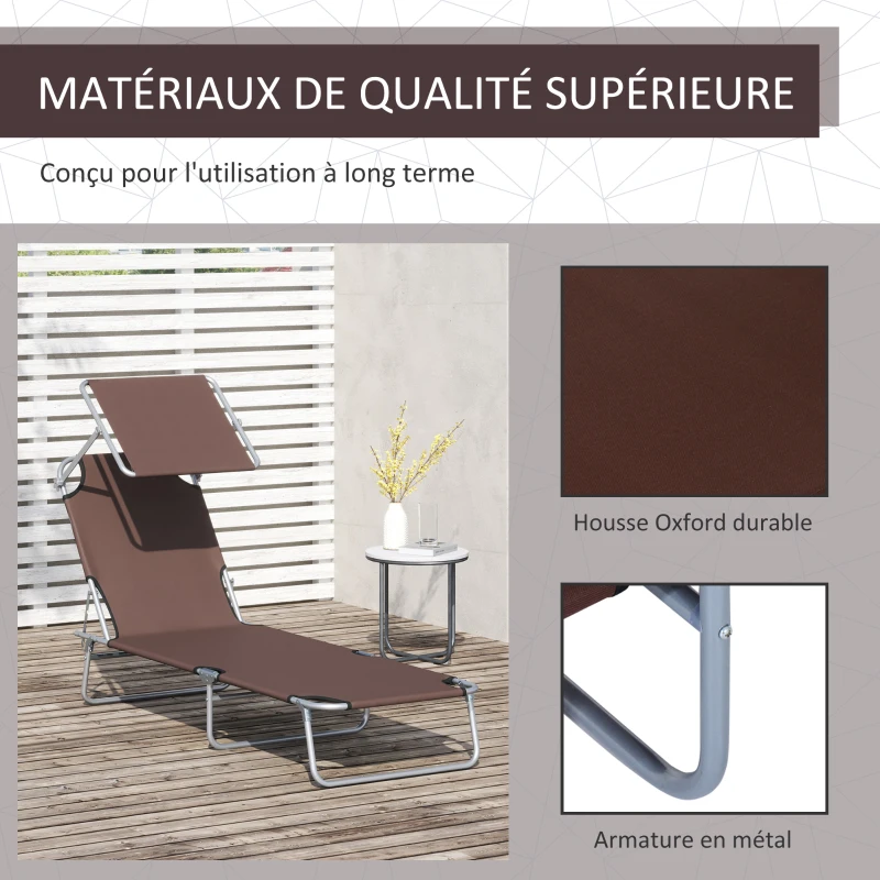 Outsunny Transat Bain de Soleil Pliable Chaise Longue Pliante Grand Confort Dossier Inclinable Multi-positions et Pare-Soleil réglable Dim. 187L x 58l x 36H cm chocolat