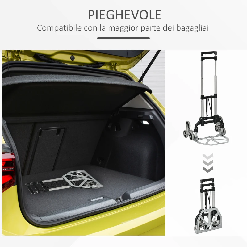 DURHAND Carrello Portapacchi Pieghevole a 6 Ruote max 70 kg con Fune e Maniglia Estraibile, 47x47x100 cm, Nero e Argento