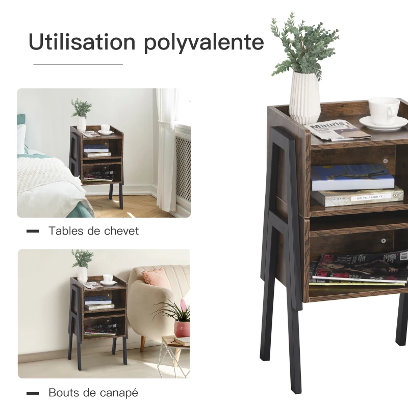 HOMCOM Lot de 2 Tables de Chevet empilables Tables de Nuit en bois table d'Appoint Style Industriel 46 x 35 x 52,5 cm Marron Rustique et Noir