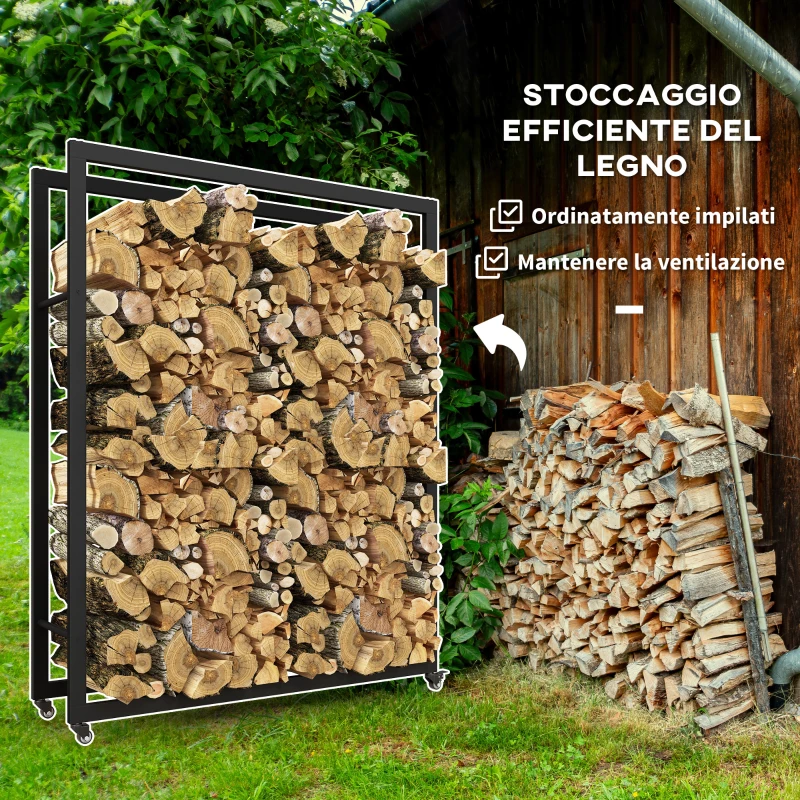 Outsunny Portalegna da Esterno e Interno con Ruote, Legnaia in Acciaio con Capacità 0.43m³, 120x32x151cm, Nero