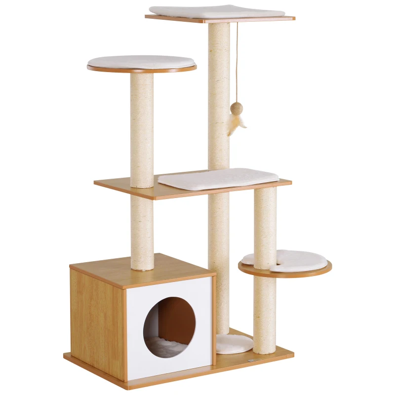 PawHut Arbre à chats design contemporain griffoirs grattoirs sisal naturel centre d'activités niche plate-formes jeu boule suspendue 83L x 75l x 120H cm MDF hêtre clair